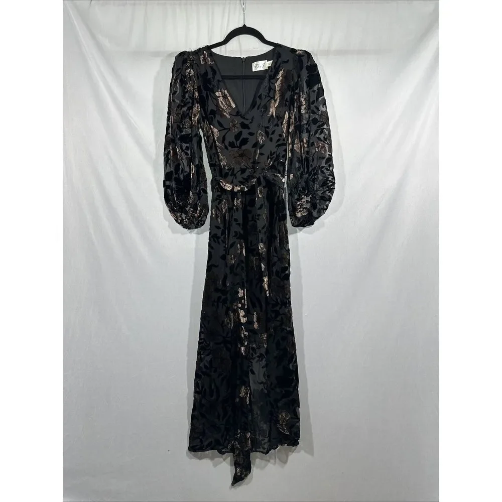 NWT $198 Eliza J [ 0 ] Velvet-Burn Floral Puff Sleeve High Low Dress Black #J238